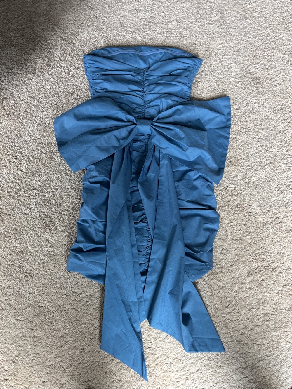 Lucy in the Sky Strapless Blue Ruched Dress with Oversized Bow